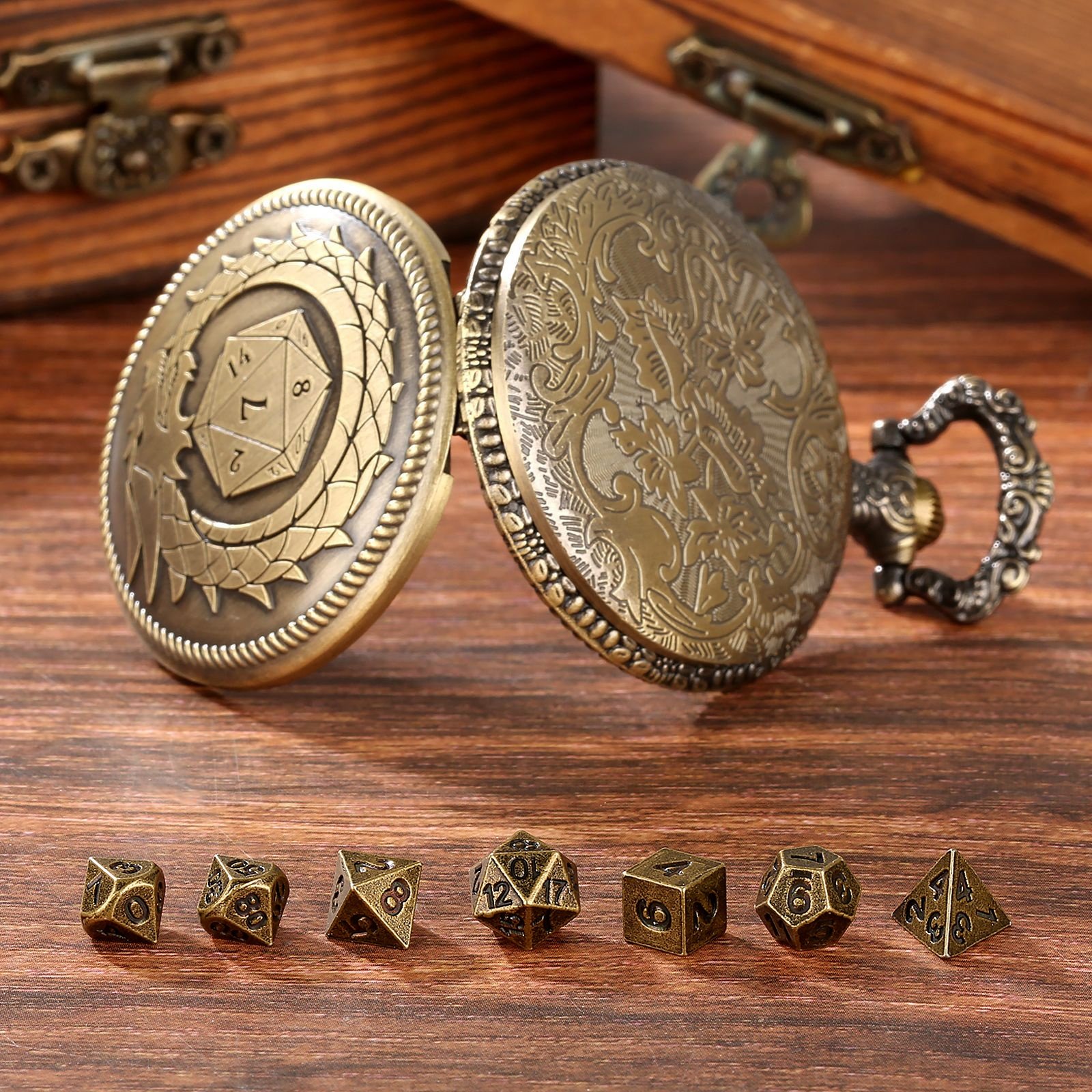 Dungeons and Dragons Gifts Polyhedral Mini Metal DND Dice Set with Pocket Watch Shell