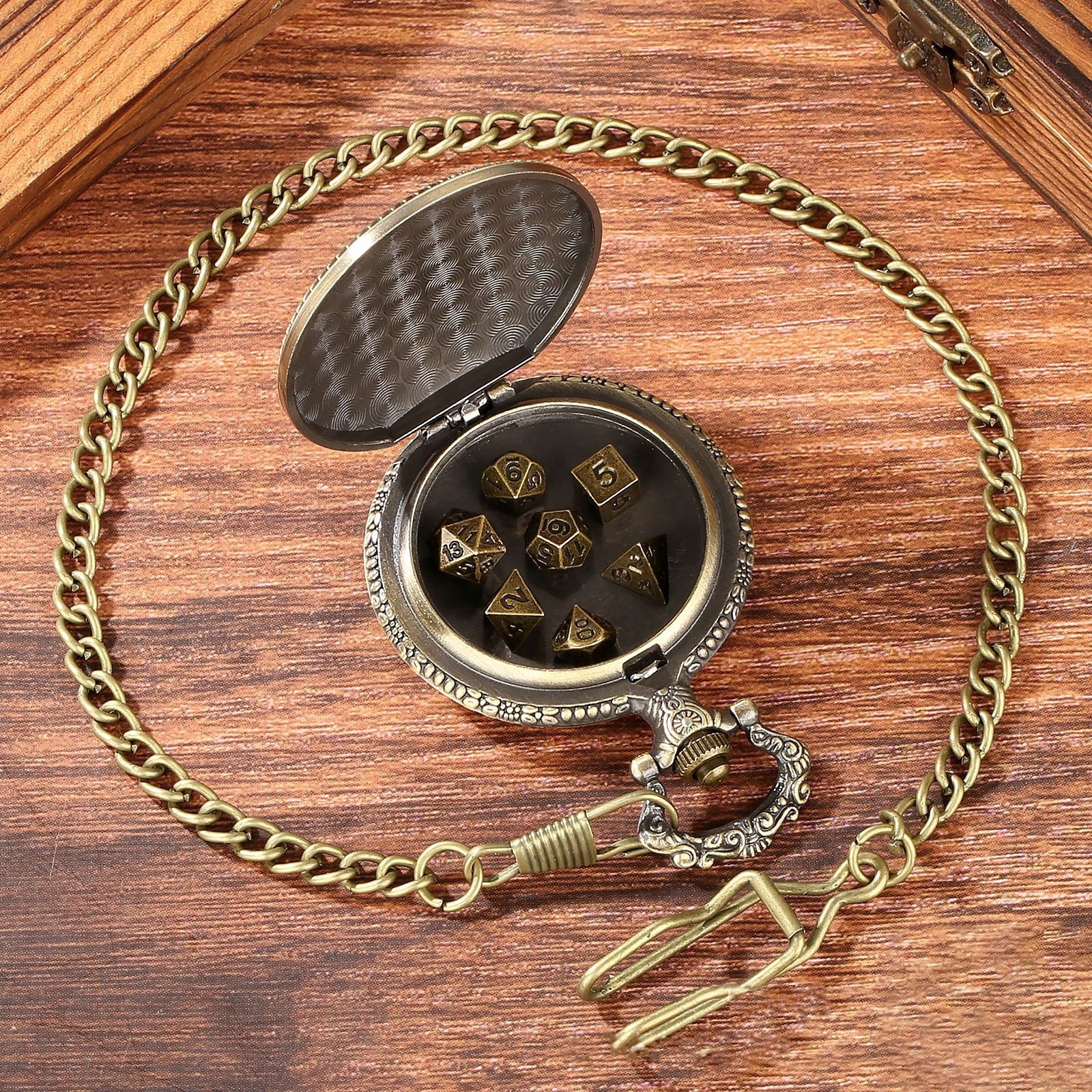 Dungeons and Dragons Gifts Polyhedral Mini Metal DND Dice Set with Pocket Watch Shell