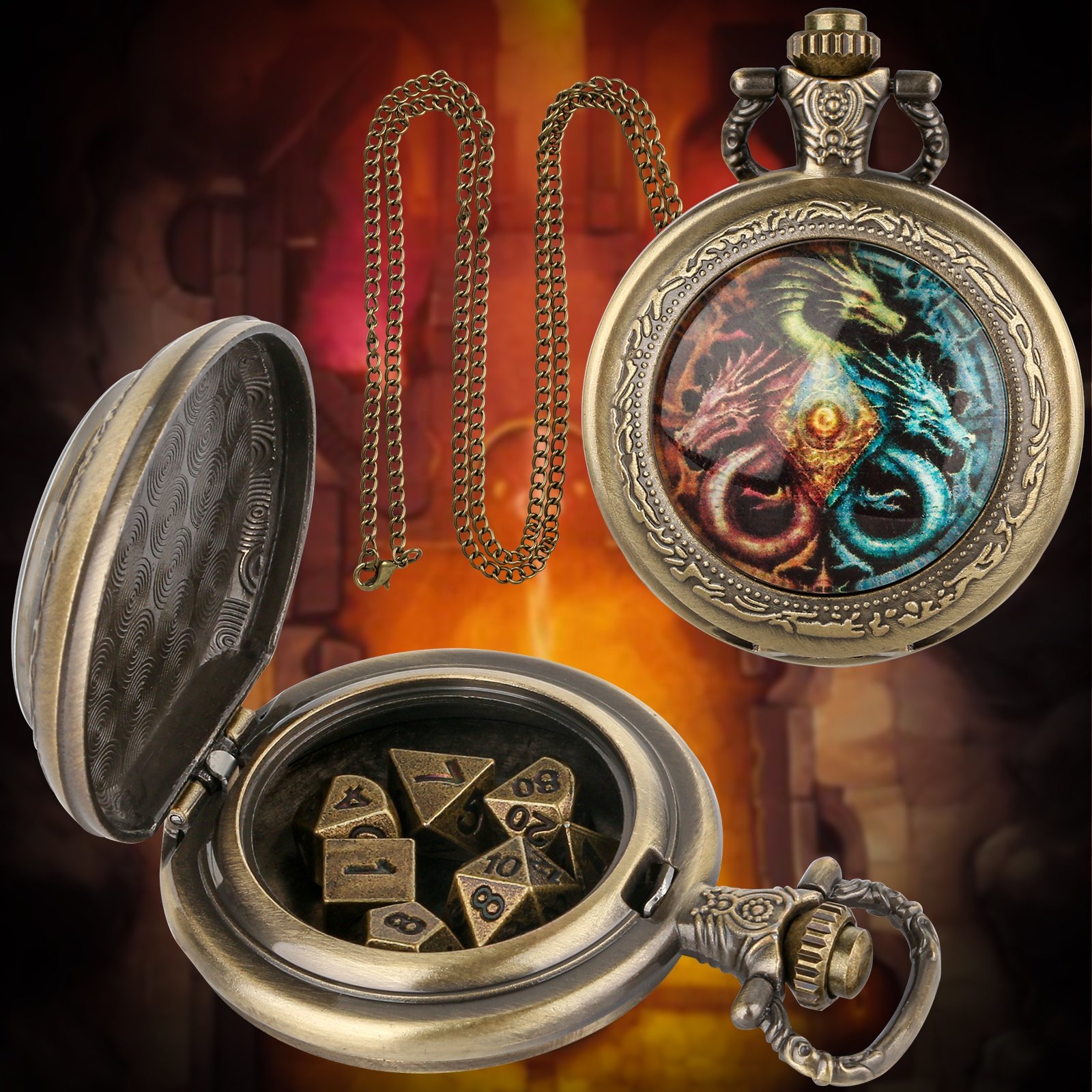 Petty Dragon Pocket Watch Dice Case 6mm Metal Mini Dice Set for DND Tabletop Games