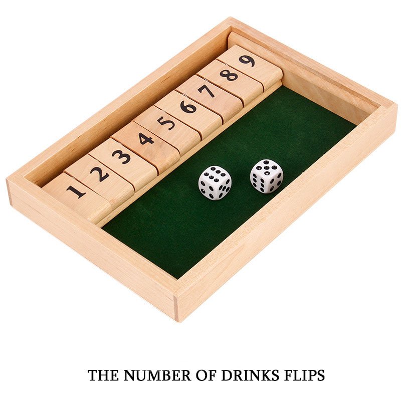 Custom wooden intelligence shut the box board game indoor drinking dice 9 Dice Game Board Set and 2 Dice for Pub Wine Game