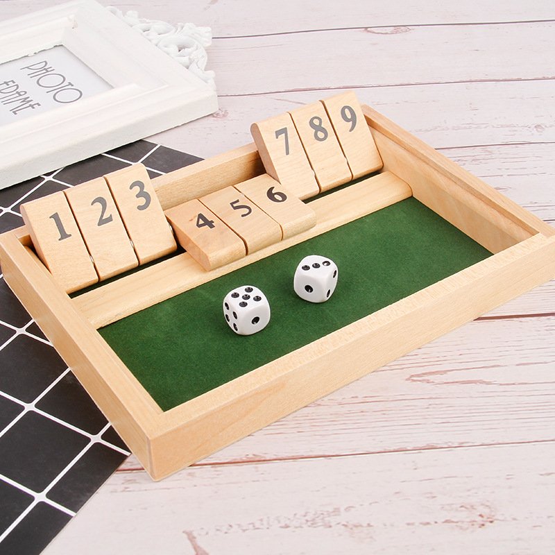 Custom wooden intelligence shut the box board game indoor drinking dice 9 Dice Game Board Set and 2 Dice for Pub Wine Game
