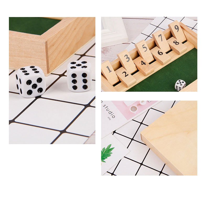 Custom wooden intelligence shut the box board game indoor drinking dice 9 Dice Game Board Set and 2 Dice for Pub Wine Game