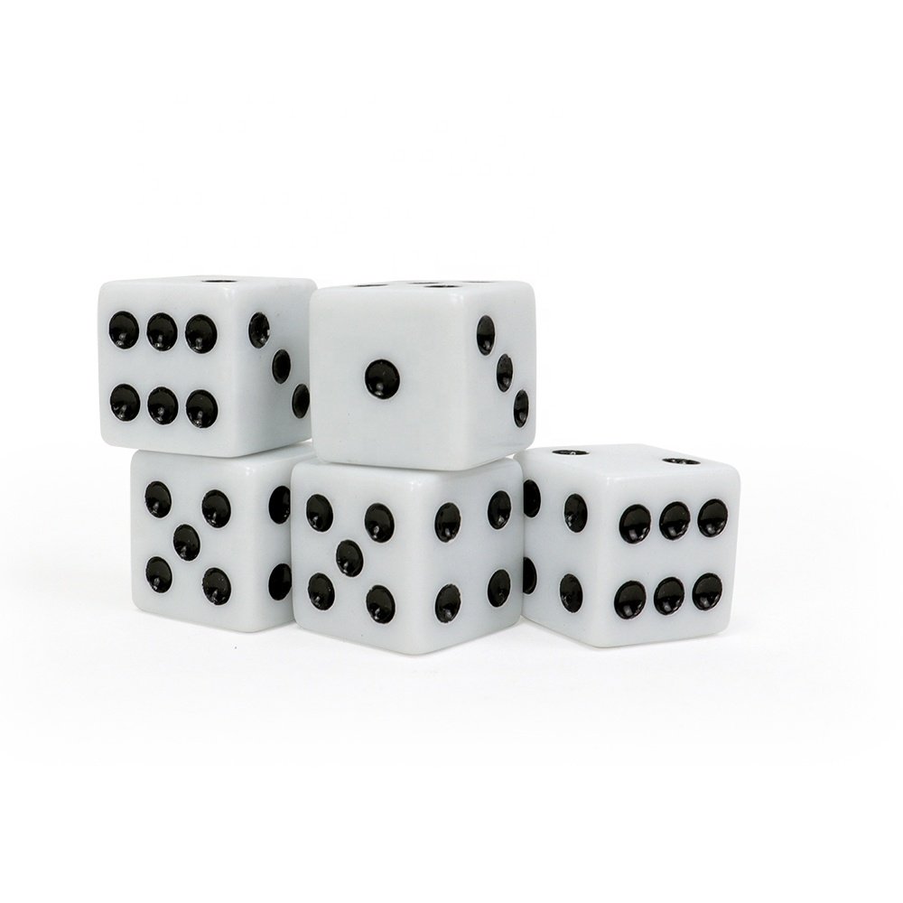 Wholesale custom 16mm acrylic white dice black dot d6 six sided square straight corner for casino or entertainment games