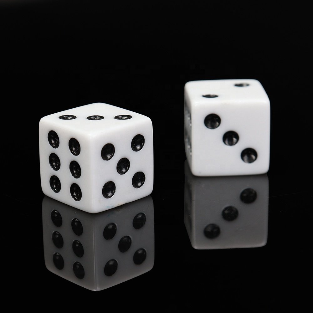 Wholesale custom 16mm acrylic white dice black dot d6 six sided square straight corner for casino or entertainment games