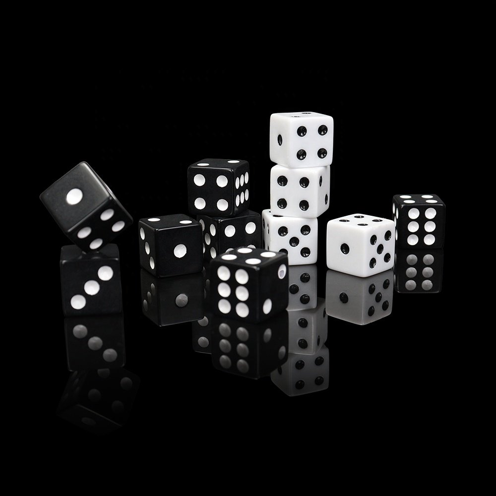 Wholesale custom 16mm acrylic white dice black dot d6 six sided square straight corner for casino or entertainment games