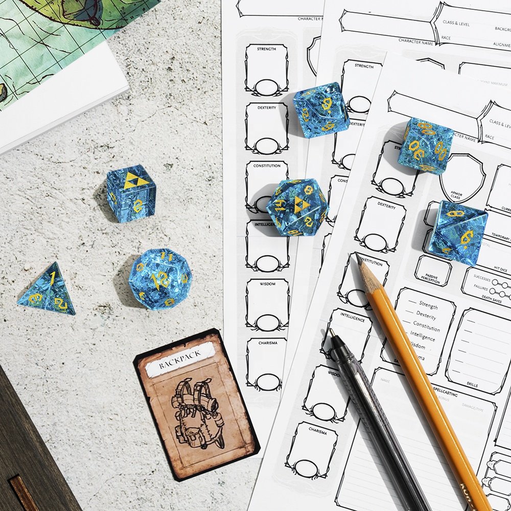 Ocean Blue D&D DND Natural Gemstone Dice Set Handmade Stone Crystal Polyhedral Dice Set For Table Games