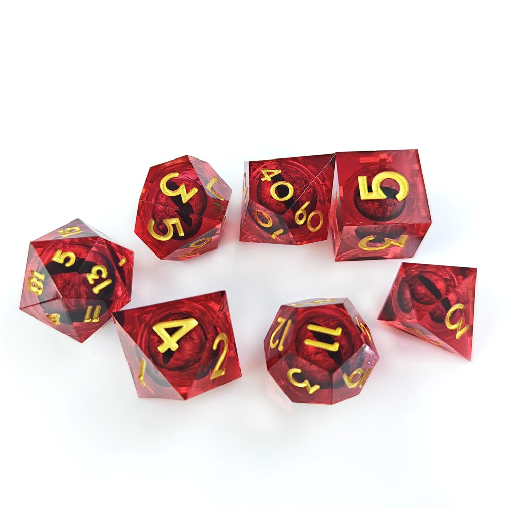 Red Sharp Edge Resin Dice with Movable Longan Inside DND and RPG Board Game Polyhedral Dragon Eye Liquid Core Dice Set