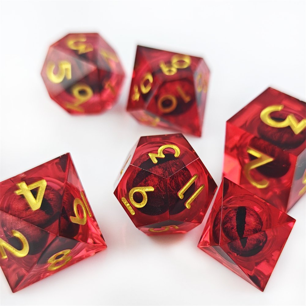 Red Sharp Edge Resin Dice with Movable Longan Inside DND and RPG Board Game Polyhedral Dragon Eye Liquid Core Dice Set