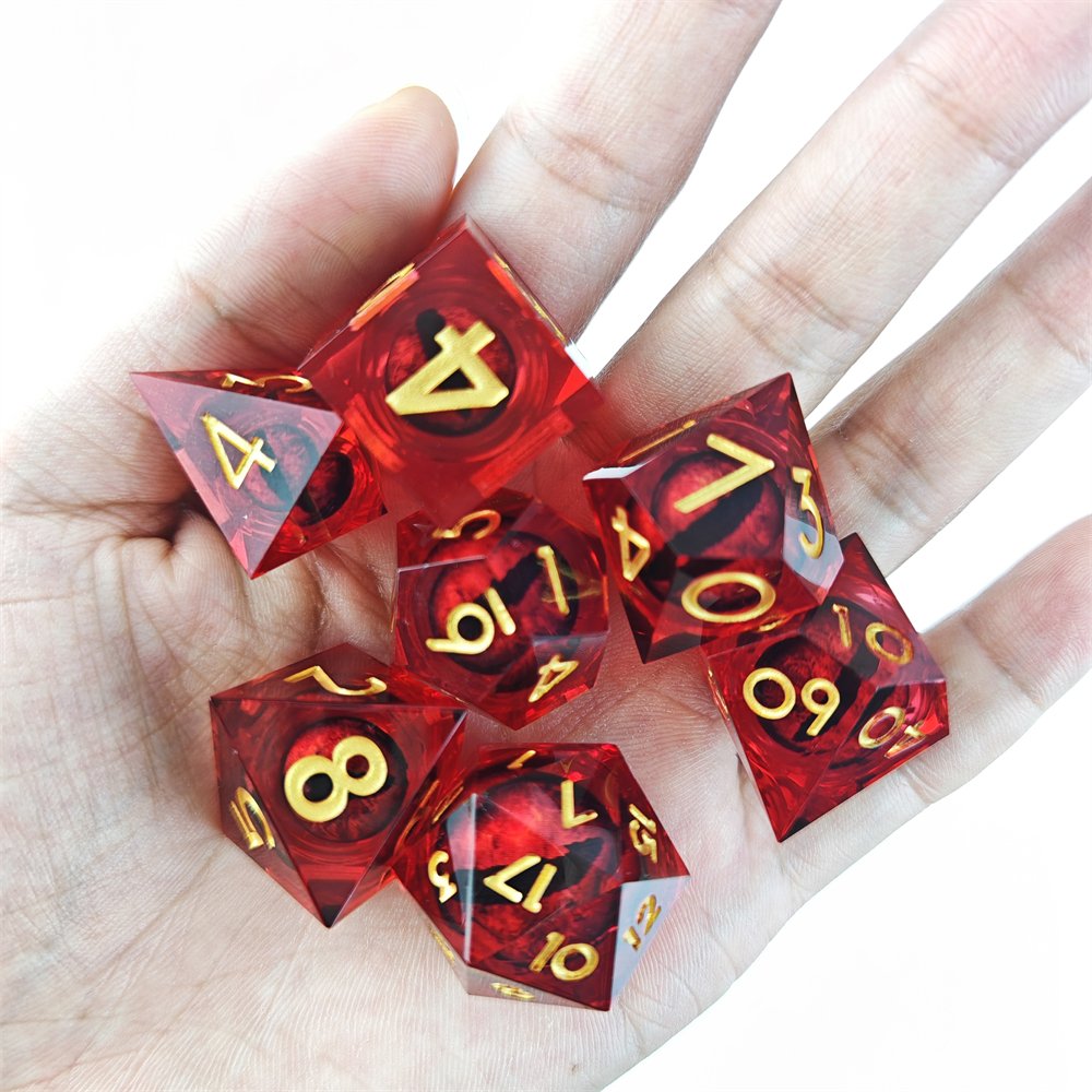 Red Sharp Edge Resin Dice with Movable Longan Inside DND and RPG Board Game Polyhedral Dragon Eye Liquid Core Dice Set