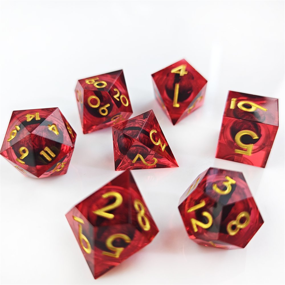 Red Sharp Edge Resin Dice with Movable Longan Inside DND and RPG Board Game Polyhedral Dragon Eye Liquid Core Dice Set