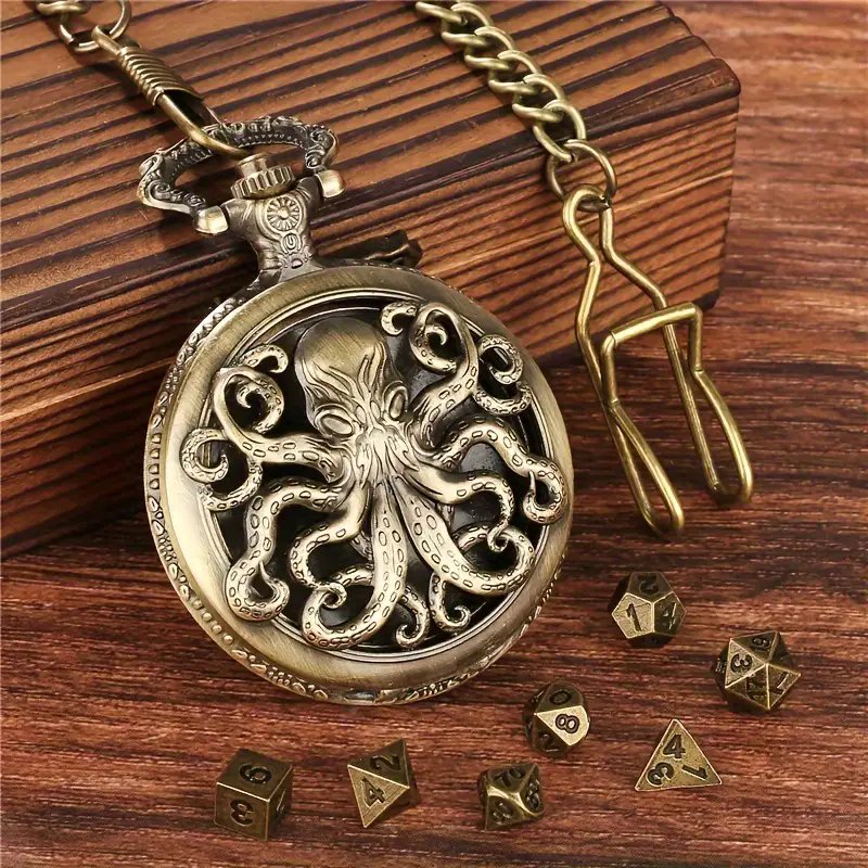 table game accessories dice 7 metal polyhedral dice retro hollow octopus watch case with thick chain