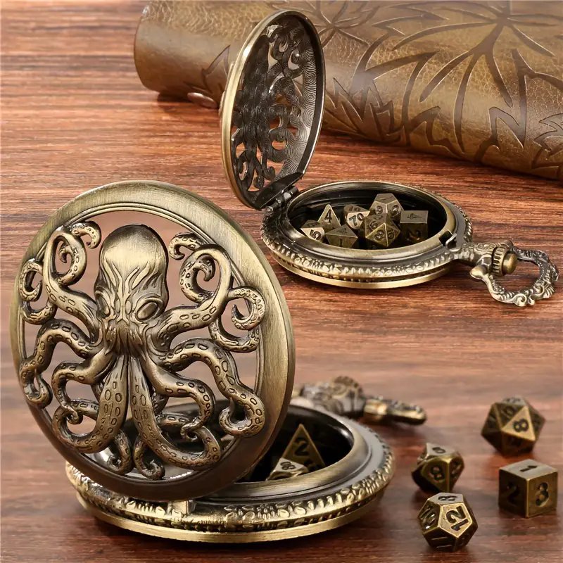 table game accessories dice 7 metal polyhedral dice retro hollow octopus watch case with thick chain