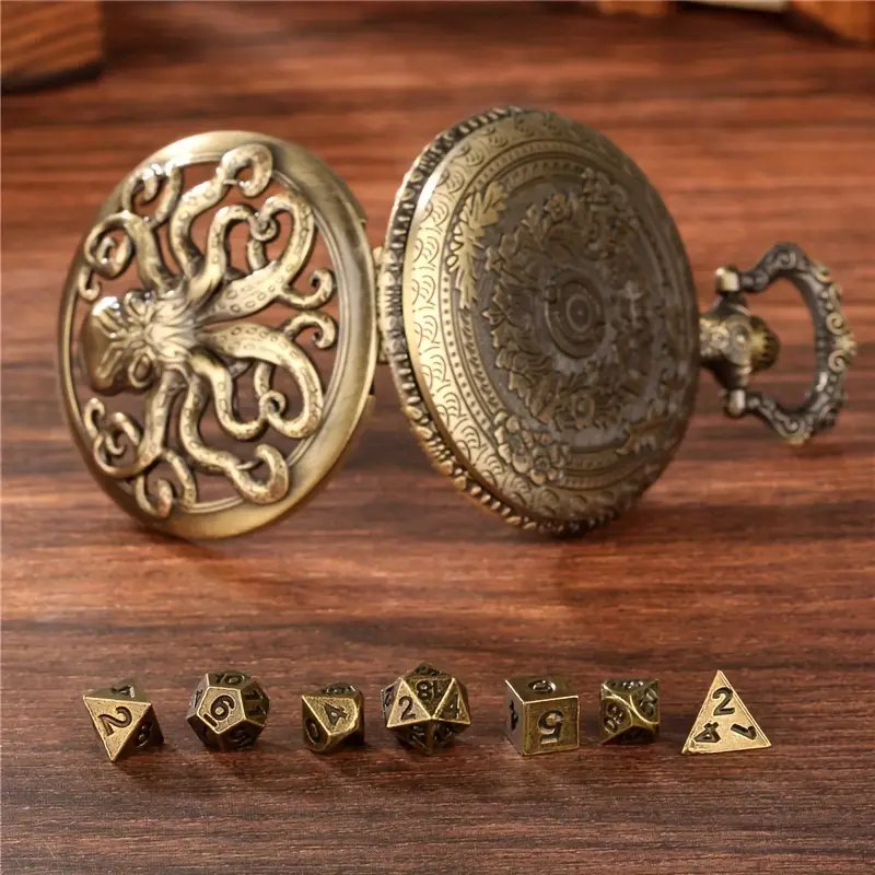 table game accessories dice 7 metal polyhedral dice retro hollow octopus watch case with thick chain