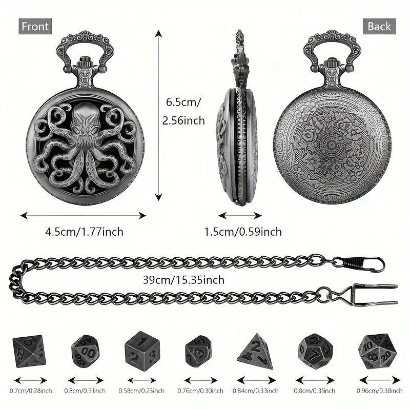 table game accessories dice 7 metal polyhedral dice retro hollow octopus watch case with thick chain