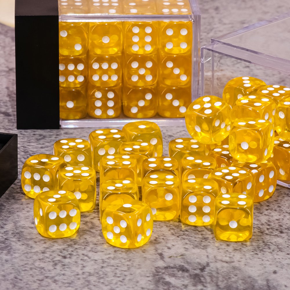 12mm 6 Sided Dice in Brick Box Translucent Yellow with White Pips For board game