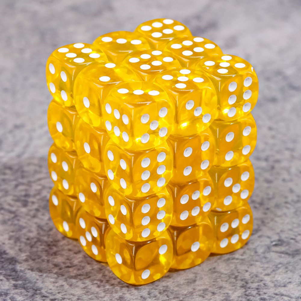 12mm 6 Sided Dice in Brick Box Translucent Yellow with White Pips For board game