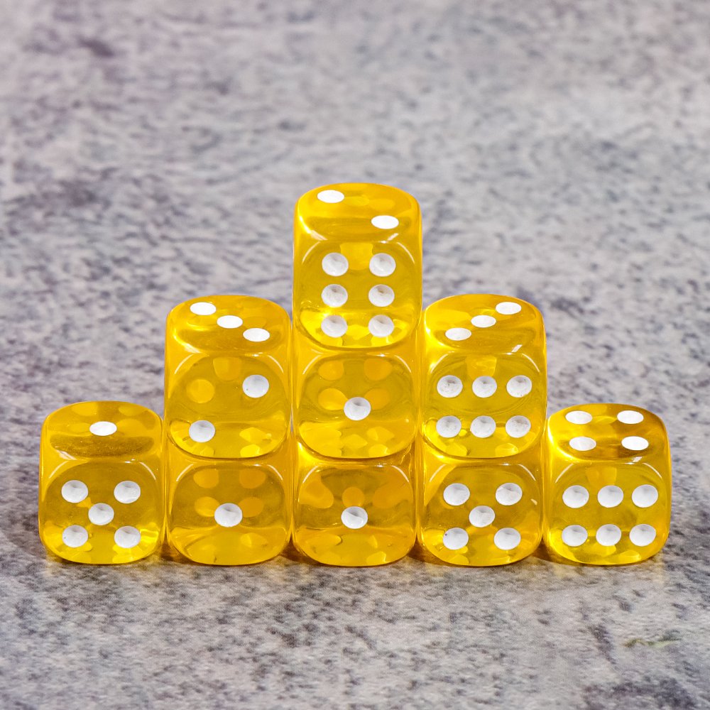 12mm 6 Sided Dice in Brick Box Translucent Yellow with White Pips For board game