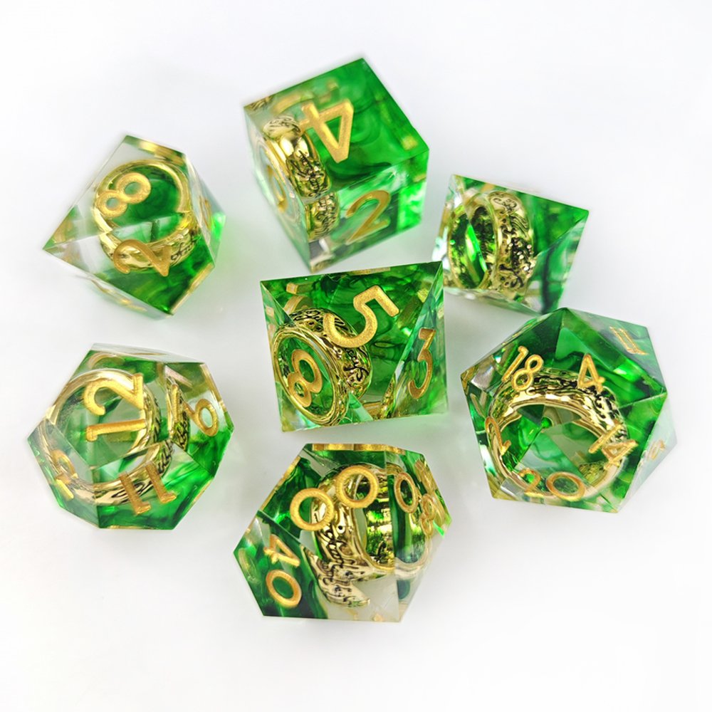 Polyhedral Sharp Edge Green Resin Dice Set with Ring Inside Suitable for Role-playing DND Board Game Dice Set