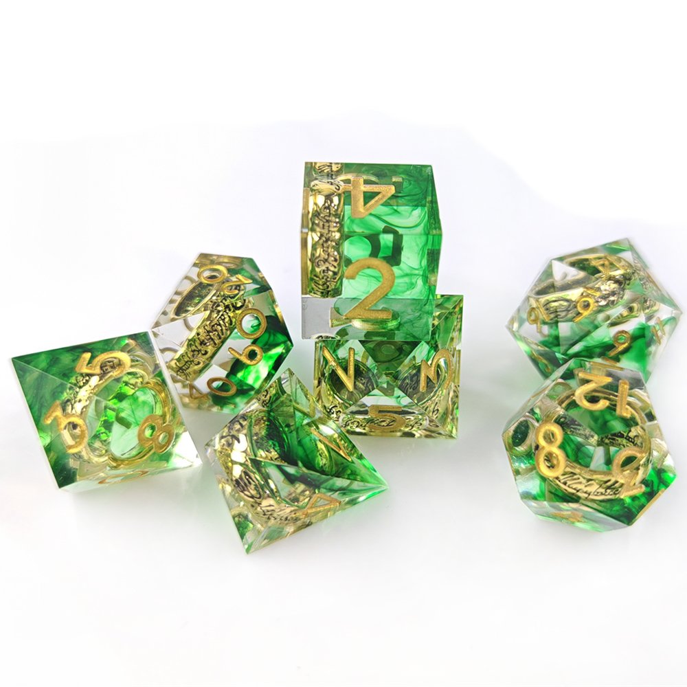 Polyhedral Sharp Edge Green Resin Dice Set with Ring Inside Suitable for Role-playing DND Board Game Dice Set