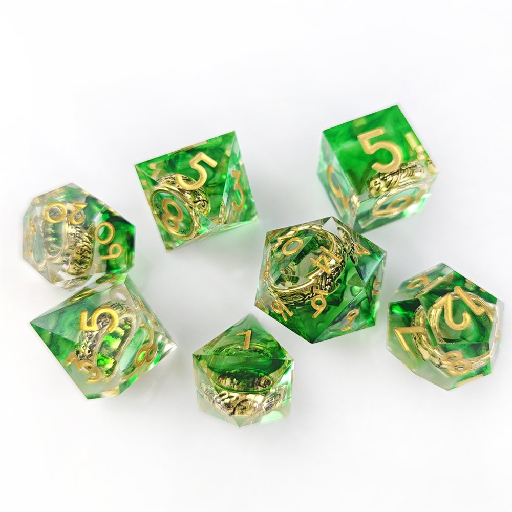Polyhedral Sharp Edge Green Resin Dice Set with Ring Inside Suitable for Role-playing DND Board Game Dice Set