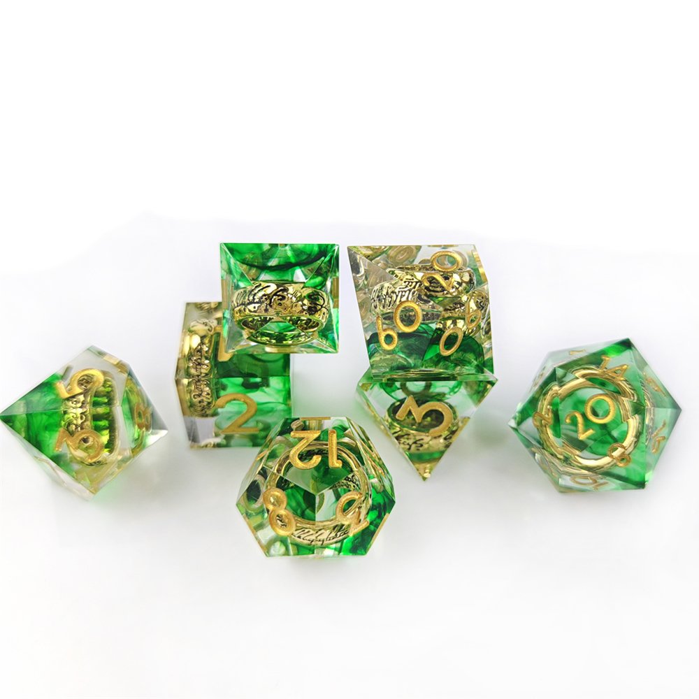 Polyhedral Sharp Edge Green Resin Dice Set with Ring Inside Suitable for Role-playing DND Board Game Dice Set