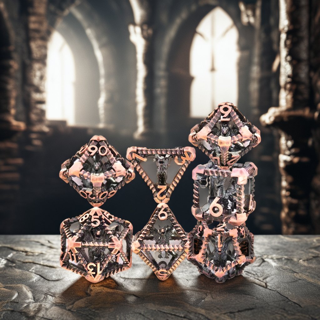 Mini Planet Wholesale RPG Board Games 3D Polyhedral Dragon Metal Dice Set Handmade Hollow Copper DND MTG Dice with Custom Logo