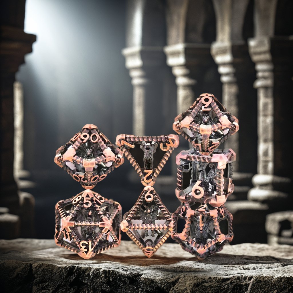 Mini Planet Wholesale RPG Board Games 3D Polyhedral Dragon Metal Dice Set Handmade Hollow Copper DND MTG Dice with Custom Logo