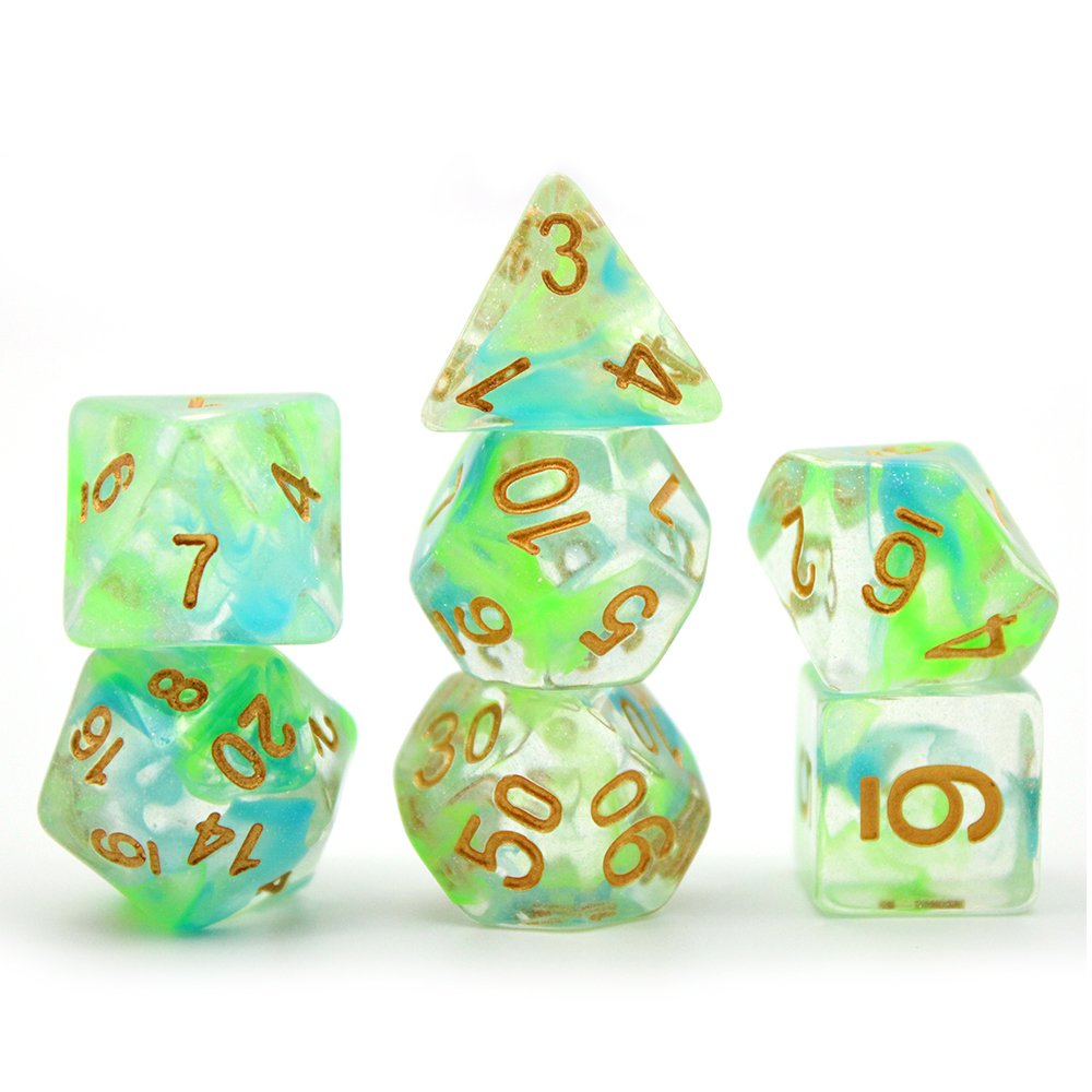 Customized Plastic Acrylic Dices 7Pcs Polyhedral Yellow Green Swirl Games D&D Rpg Wholesale Dice Acrylic