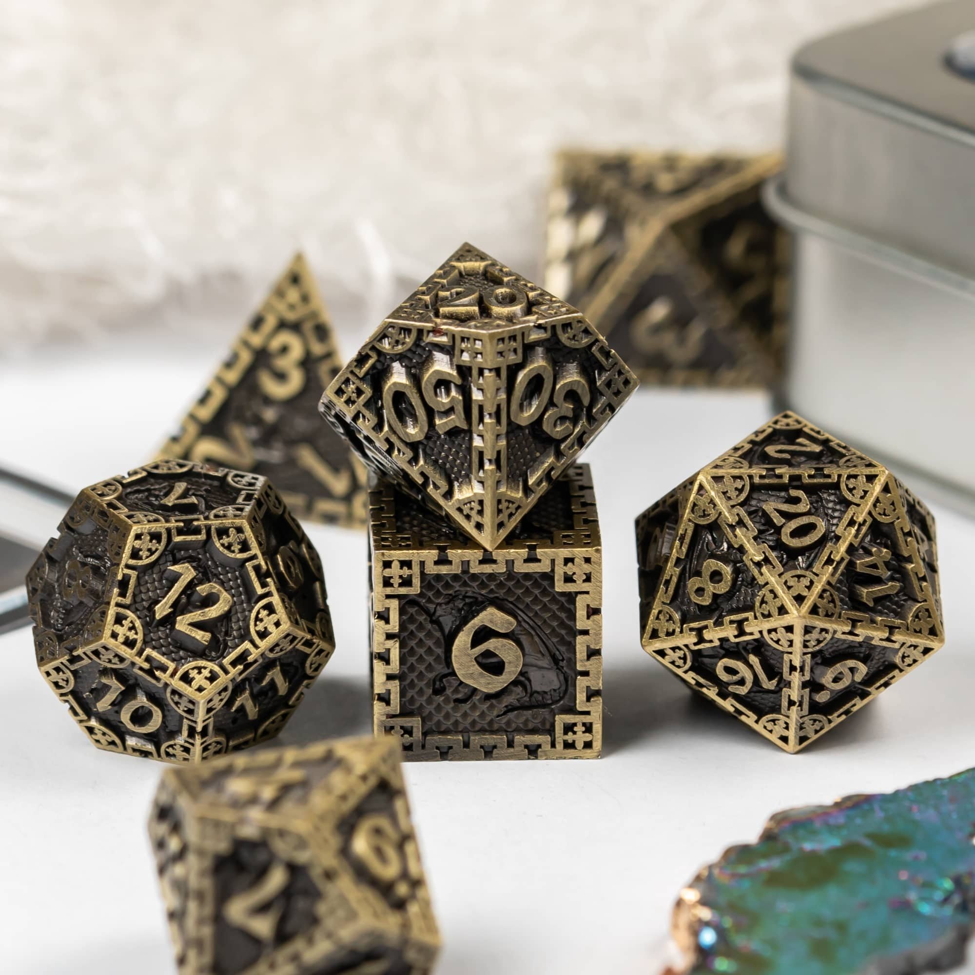 Udixi Polyhedral Metal custom logo rpg dungeons and dragons City Wall Dragon Metal Dice