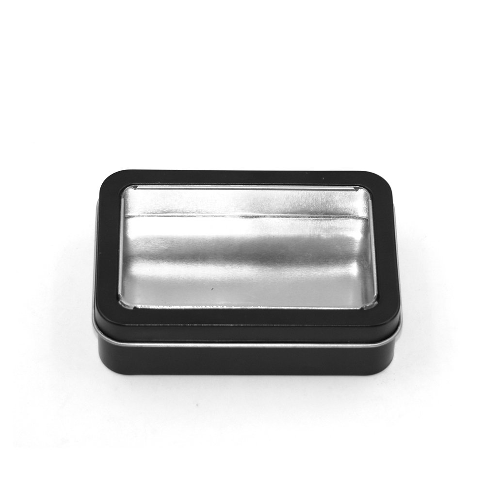 Rectangular Rectangle Dice Gift Packaging Black Matte Hinged Empty Metal Tin Containers Cans Box with Clear Window Lids