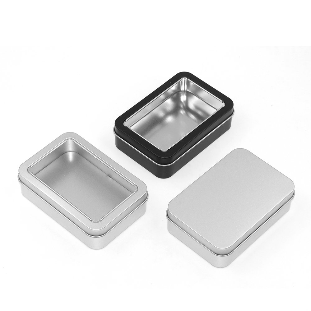 Rectangular Rectangle Dice Gift Packaging Black Matte Hinged Empty Metal Tin Containers Cans Box with Clear Window Lids