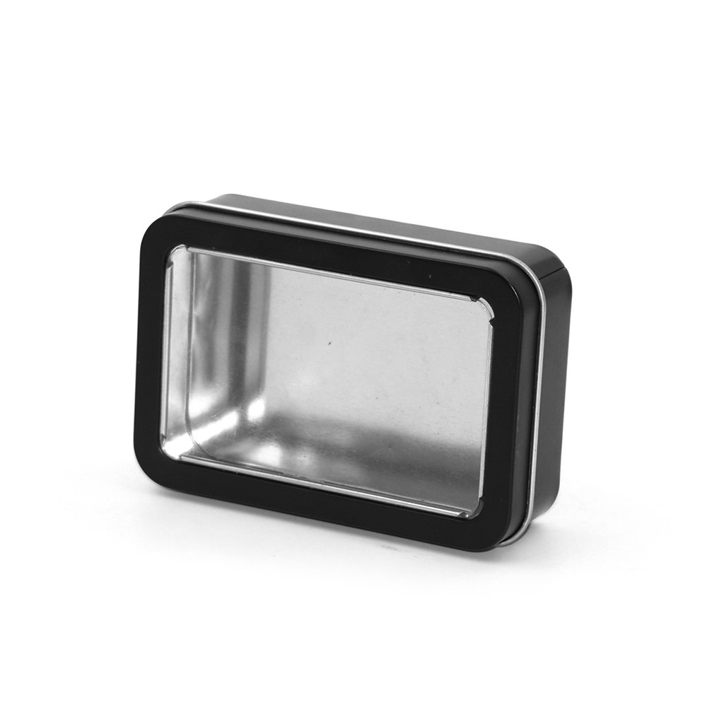 Rectangular Rectangle Dice Gift Packaging Black Matte Hinged Empty Metal Tin Containers Cans Box with Clear Window Lids