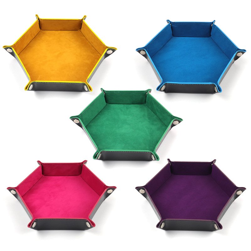 Wholesale Foldable Storage Box Dice Table Game Accessories PU Hexagonal Velvet Cloth Leather Dice Tray
