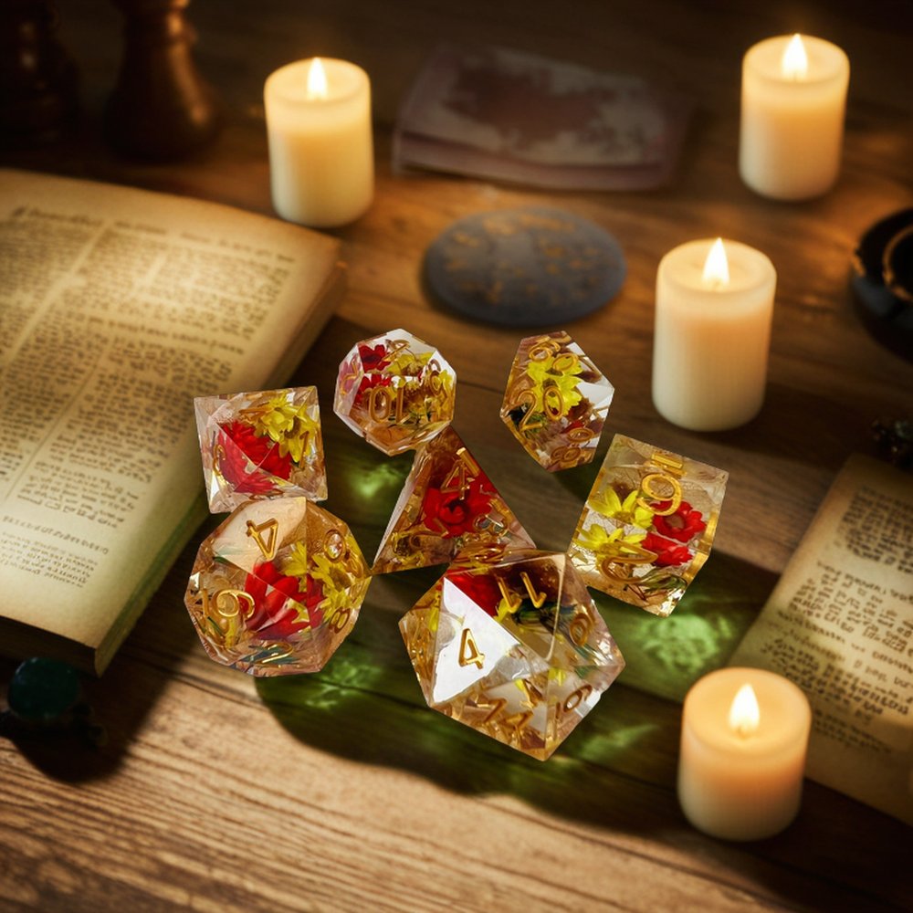 Epoxy Dice Polyhedral Plastic Dnd Rpg Dice Tabletop Games Dungeons And Dragons Resin Dried Flowers Dice Set