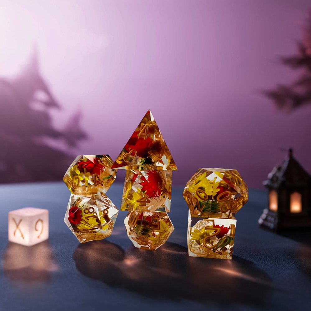 Epoxy Dice Polyhedral Plastic Dnd Rpg Dice Tabletop Games Dungeons And Dragons Resin Dried Flowers Dice Set
