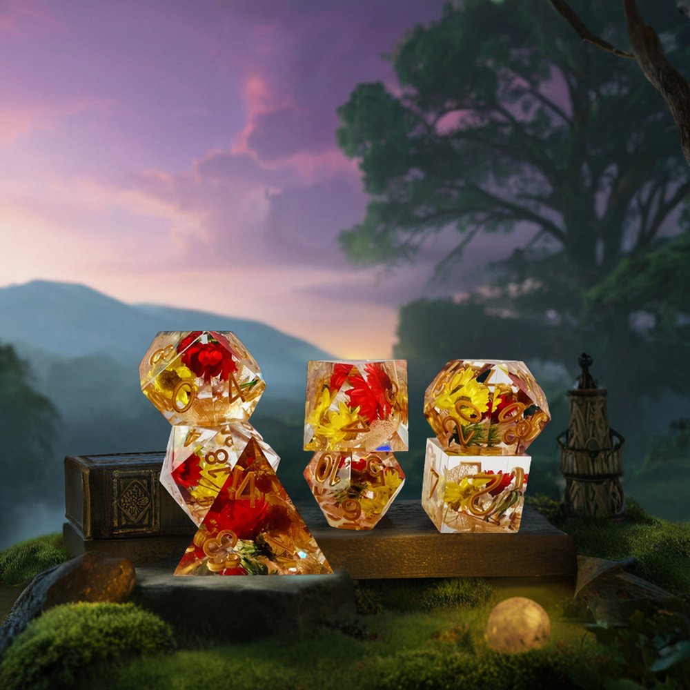 Epoxy Dice Polyhedral Plastic Dnd Rpg Dice Tabletop Games Dungeons And Dragons Resin Dried Flowers Dice Set