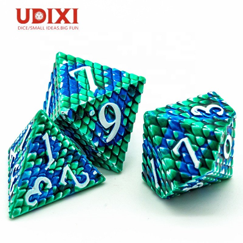 Udixi Polyhedral RPG Metal dungeons and dragons custom logo Dice Set Dragon Scale Blue&Green