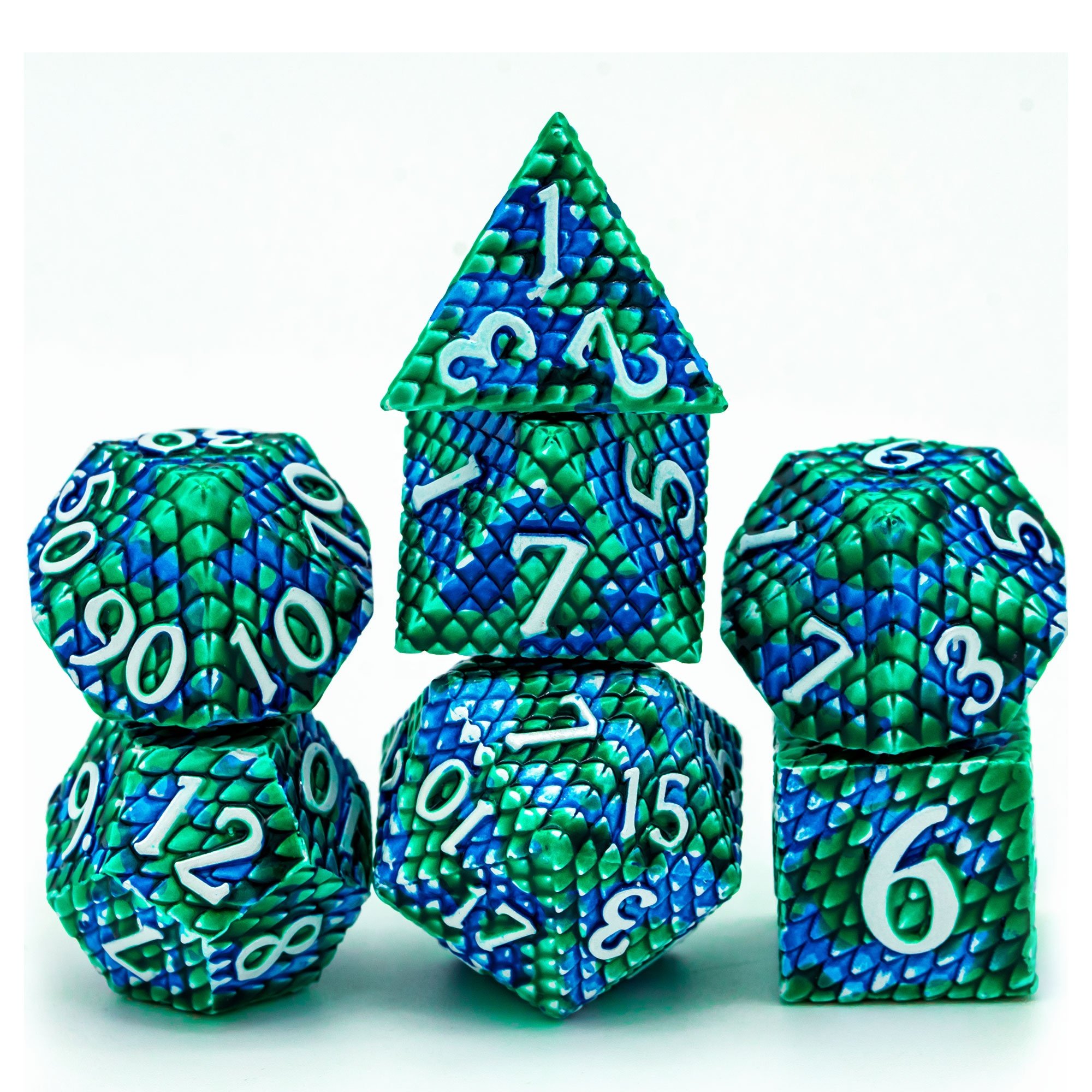Udixi Polyhedral RPG Metal dungeons and dragons custom logo Dice Set Dragon Scale Blue&Green