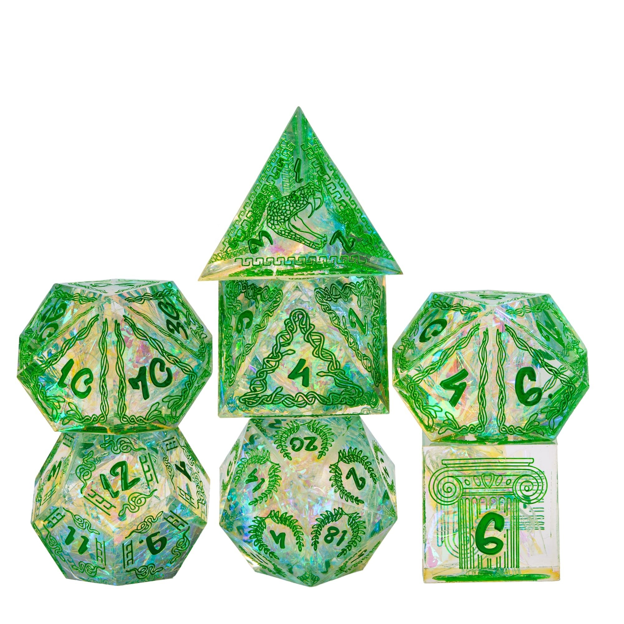 Udixi Polyhedral Custom Logo RPG dungeons and dragons resin sharp edge sides pattern Dice Set Green