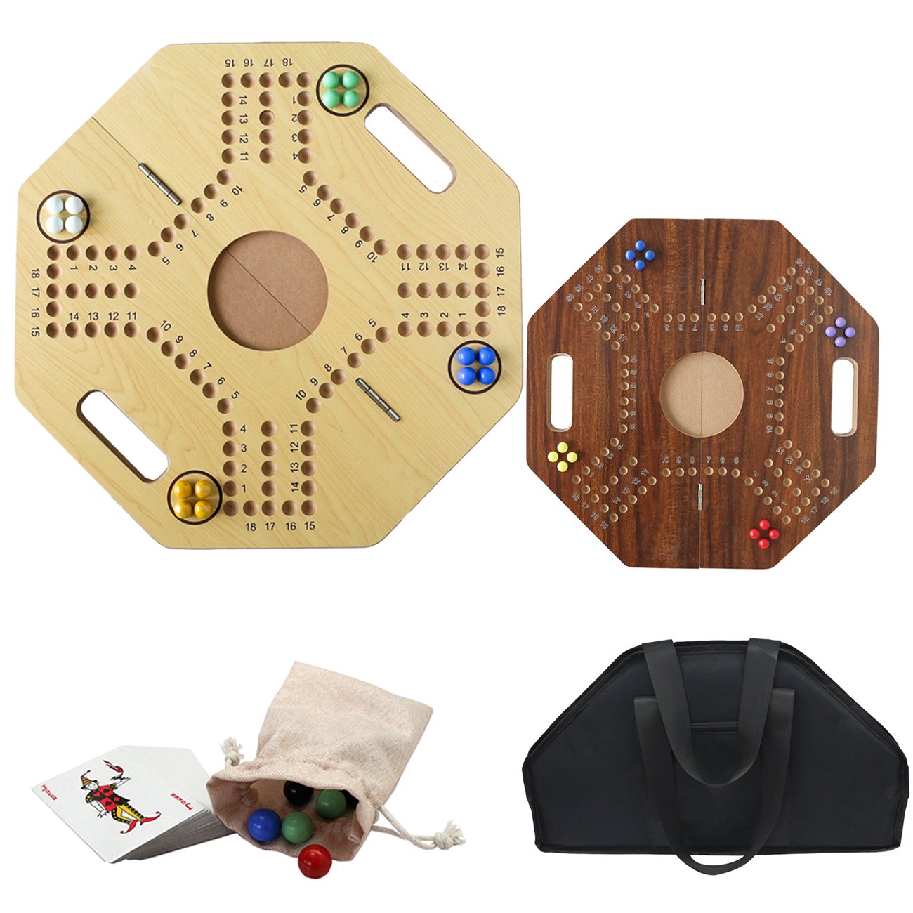 21" Foldable Original Marble Board Game Wooden Board Double Sided Painted 6 Colors 24 Marbles 6 Dice Game Set