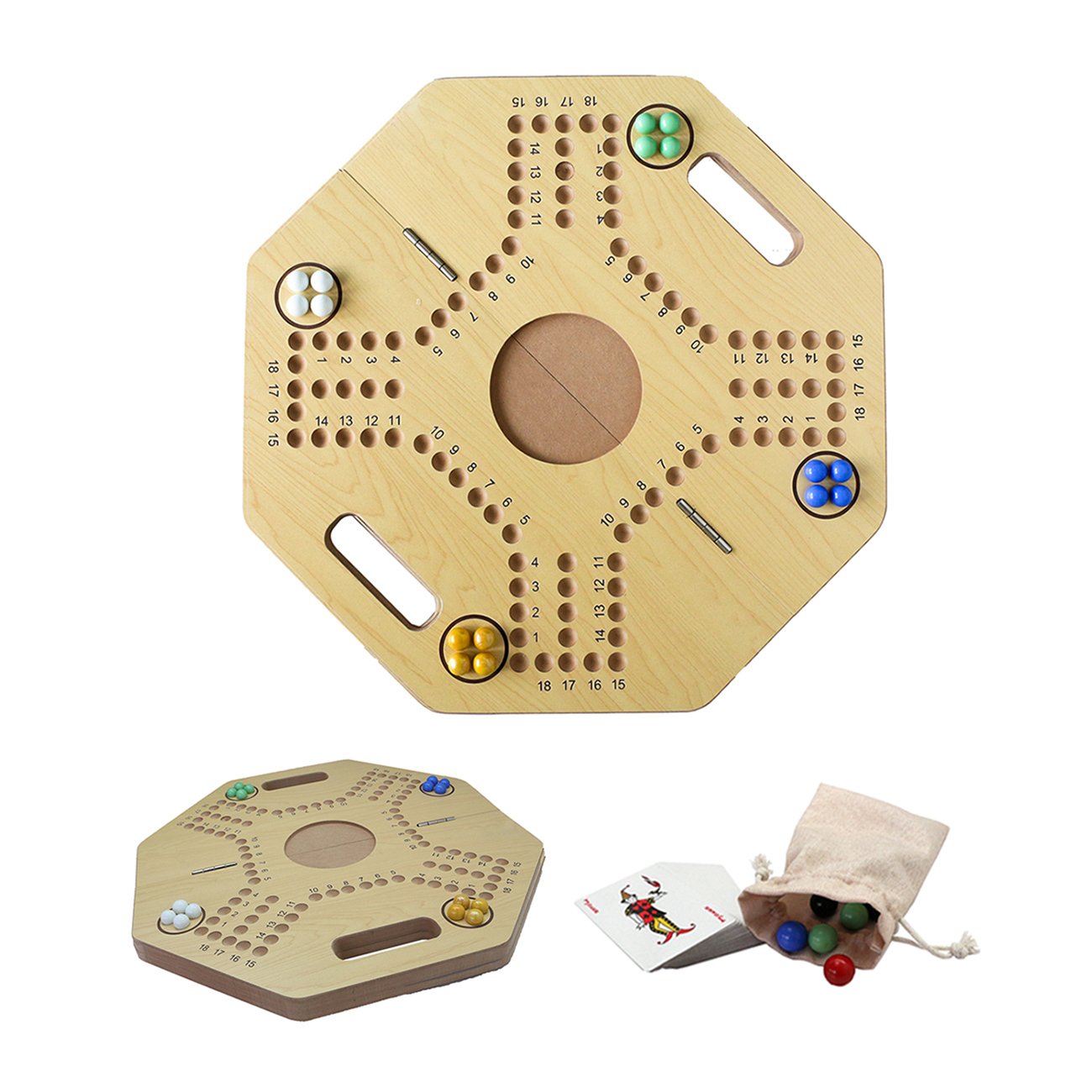 21" Foldable Original Marble Board Game Wooden Board Double Sided Painted 6 Colors 24 Marbles 6 Dice Game Set