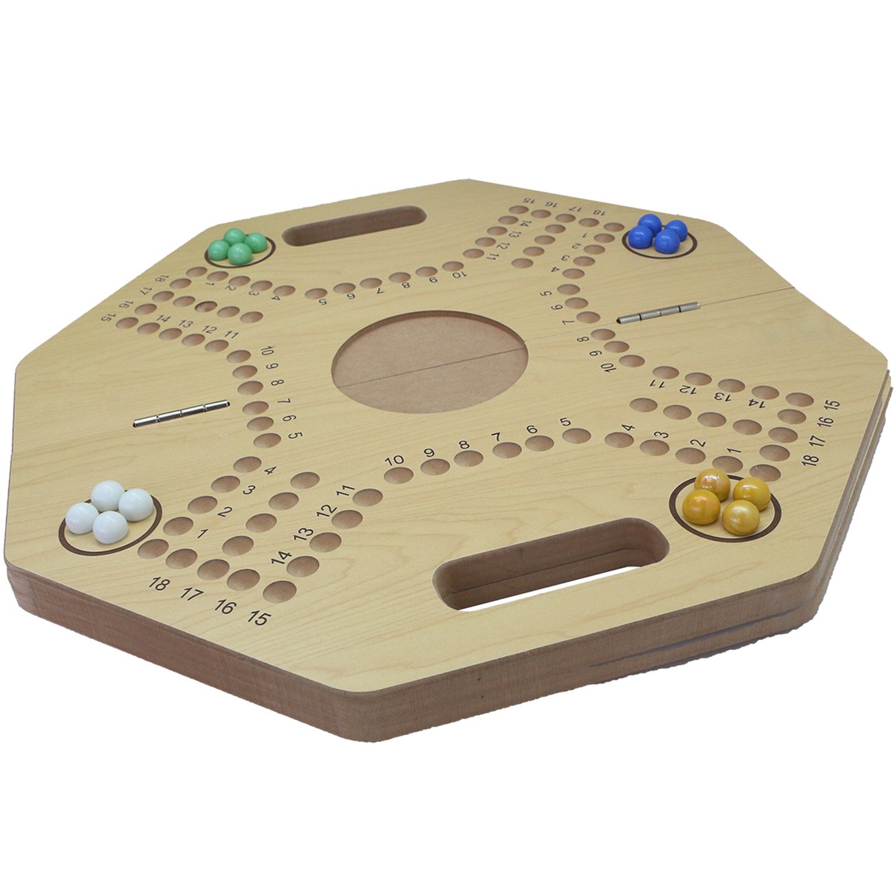 21" Foldable Original Marble Board Game Wooden Board Double Sided Painted 6 Colors 24 Marbles 6 Dice Game Set