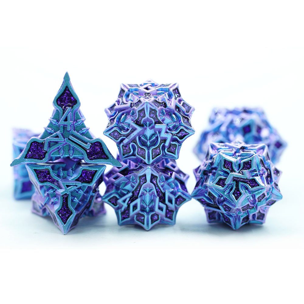 2024 New Design blue Leaf shape Antique Zinc alloy with mica dnd dice set 7pcs full set