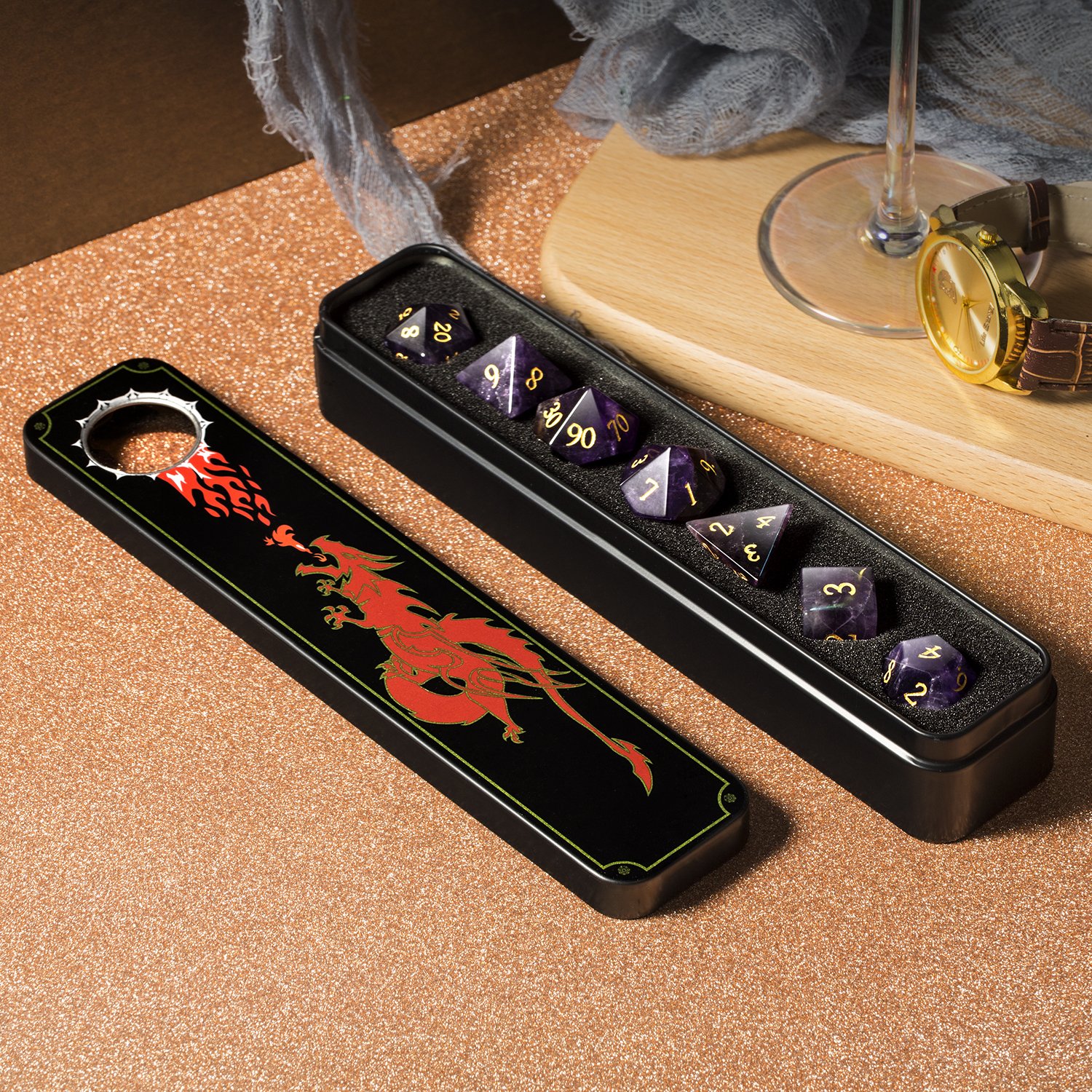 Amethyst Natural Gemstone Dice d&d Cat's Eye DND Dice Handmade Stone Polyhedral Dice Set for MTG Table Games Purple Crystal