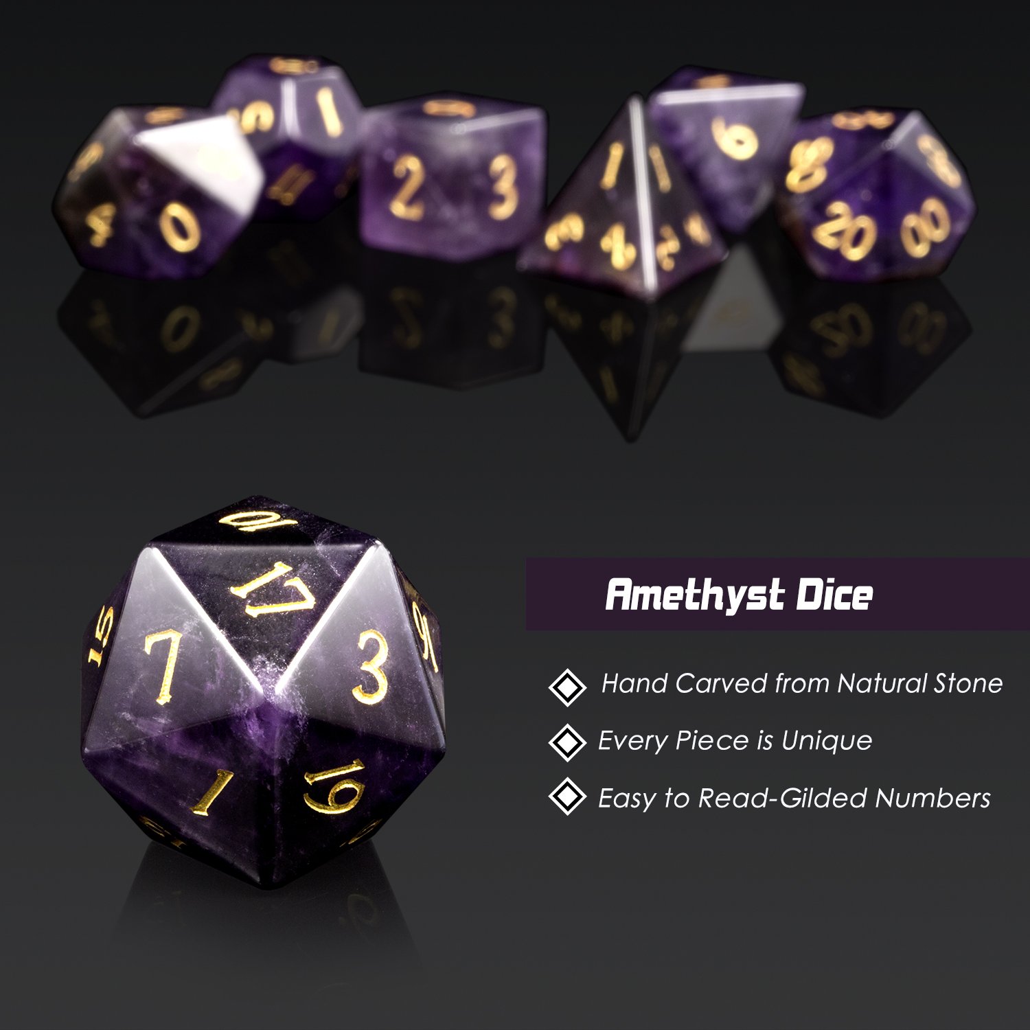 Amethyst Natural Gemstone Dice d&d Cat's Eye DND Dice Handmade Stone Polyhedral Dice Set for MTG Table Games Purple Crystal