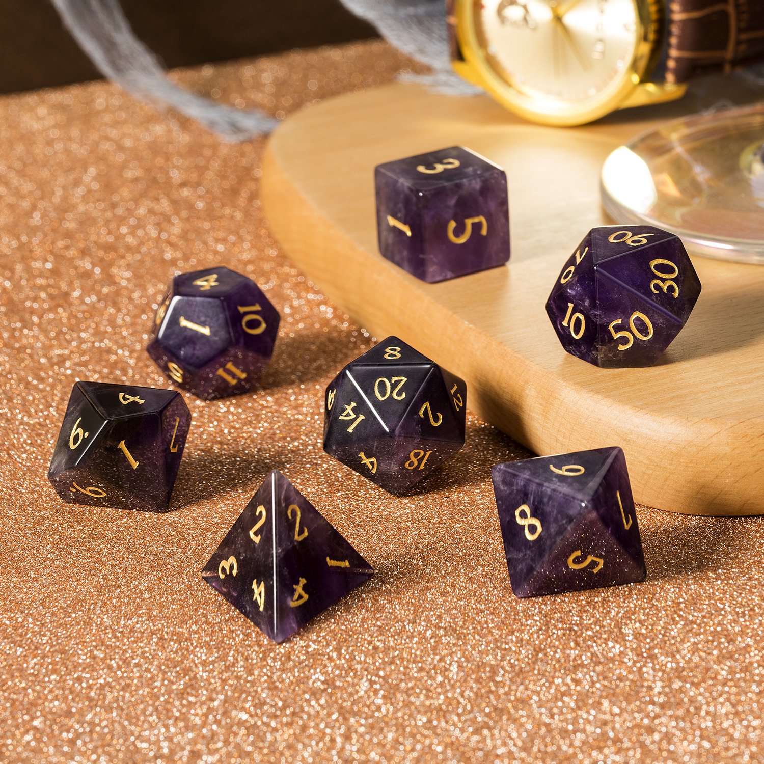 Amethyst Natural Gemstone Dice d&d Cat's Eye DND Dice Handmade Stone Polyhedral Dice Set for MTG Table Games Purple Crystal