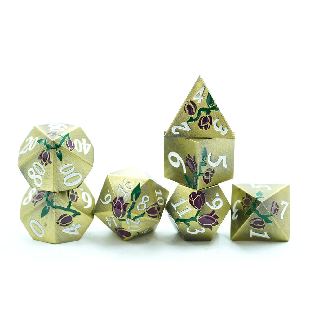 Custom Dnd Metal D&d Dice Set Copper With Plated Gold Purple Flower Dice For Game