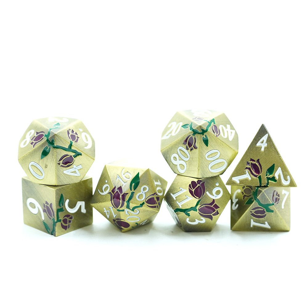 Custom Dnd Metal D&d Dice Set Copper With Plated Gold Purple Flower Dice For Game