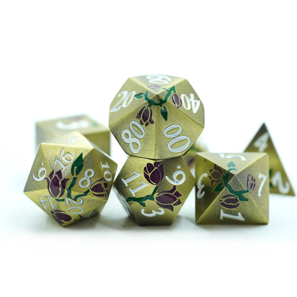 Custom Dnd Metal D&d Dice Set Copper With Plated Gold Purple Flower Dice For Game