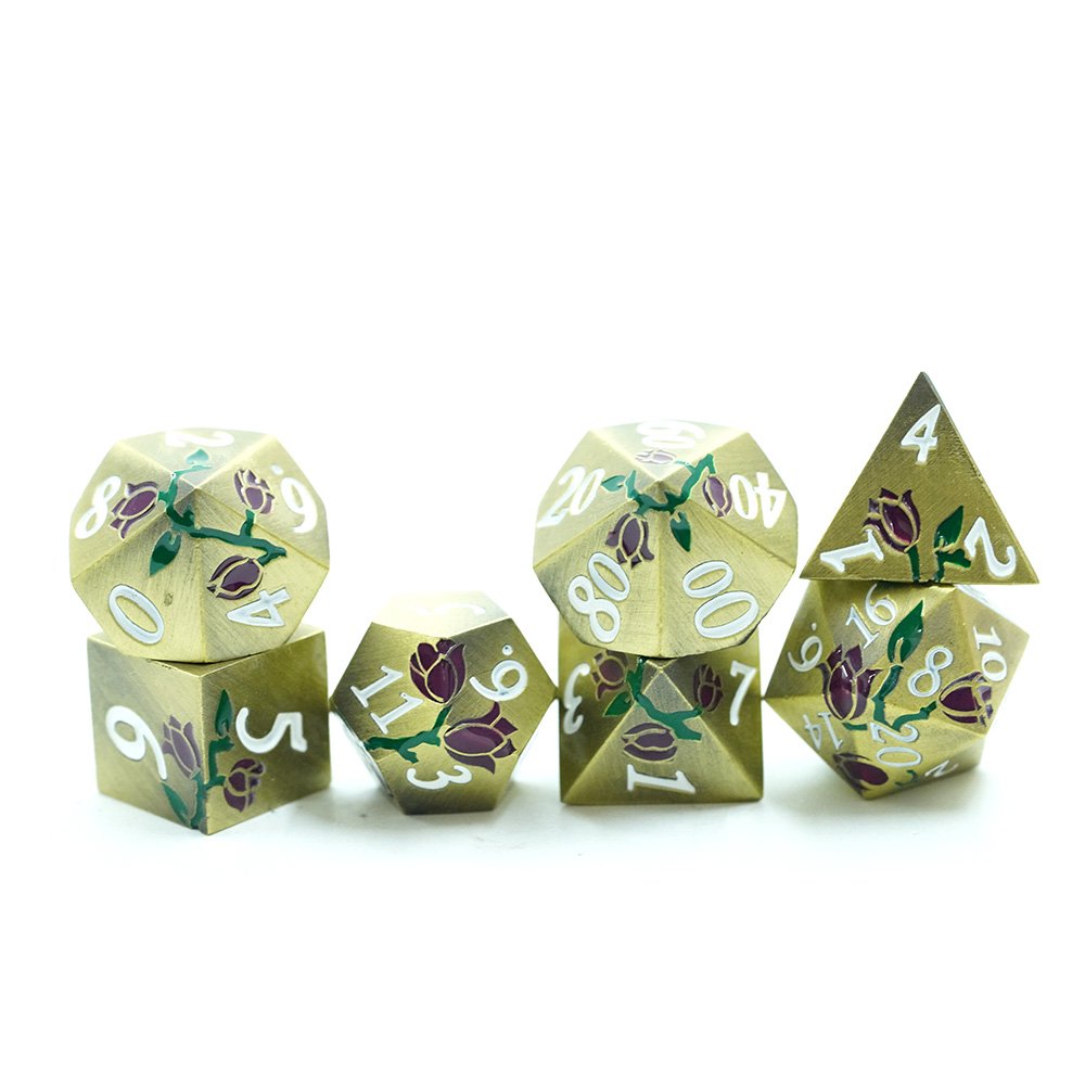 Custom Dnd Metal D&d Dice Set Copper With Plated Gold Purple Flower Dice For Game